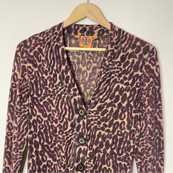 TORY BURCH Lightweight Merino Wool Leopard Print Button-Up Cardigan, Small - Picture 4 of 11